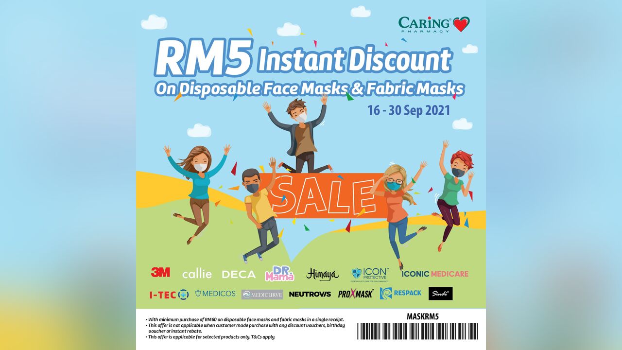 RM5 Instant Discount on Disposable Face Masks & Fabric Masks at CARiNG Pharmacy