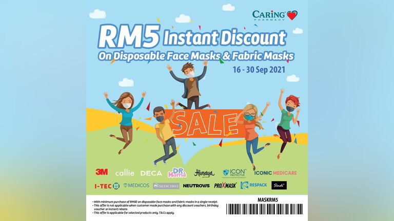 RM5 Instant Discount on Disposable Face Masks & Fabric Masks at CARiNG Pharmacy