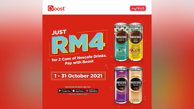 Pay RM4 with Boost for 2 Cans of Nescafe Drinks at myNEWS